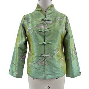 YA LI Asian Green Iridescent Jacket Embroidered Floral Design Fully Lined Sz L